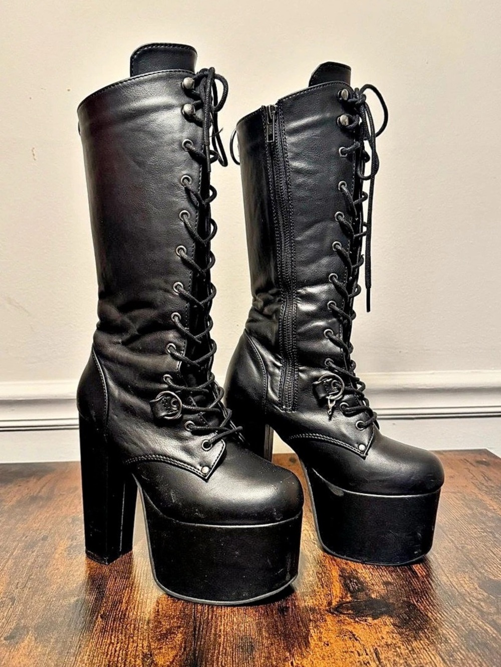 Gothic Black Platform Knee High Lace-Up Boots